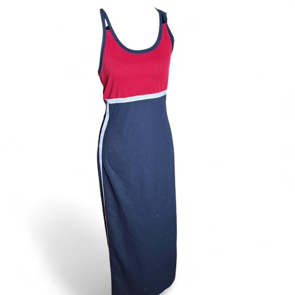 Vintage 90s 5-7-9 Red Black Maxi Dress White Side Stripe Sporty Racerback Small
